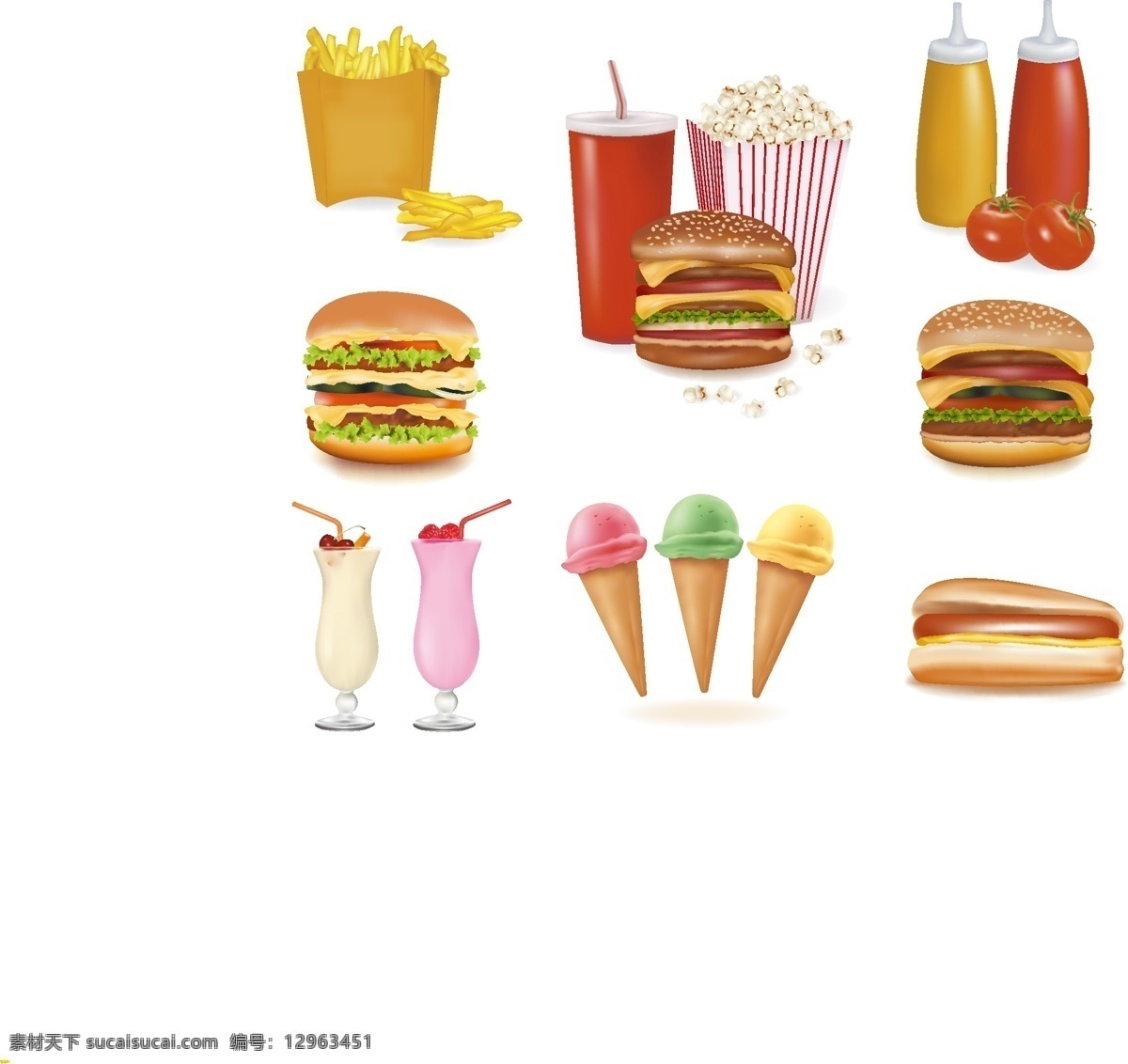 西餐 爆米花 冰激凌 汉堡 矢量图 日常生活