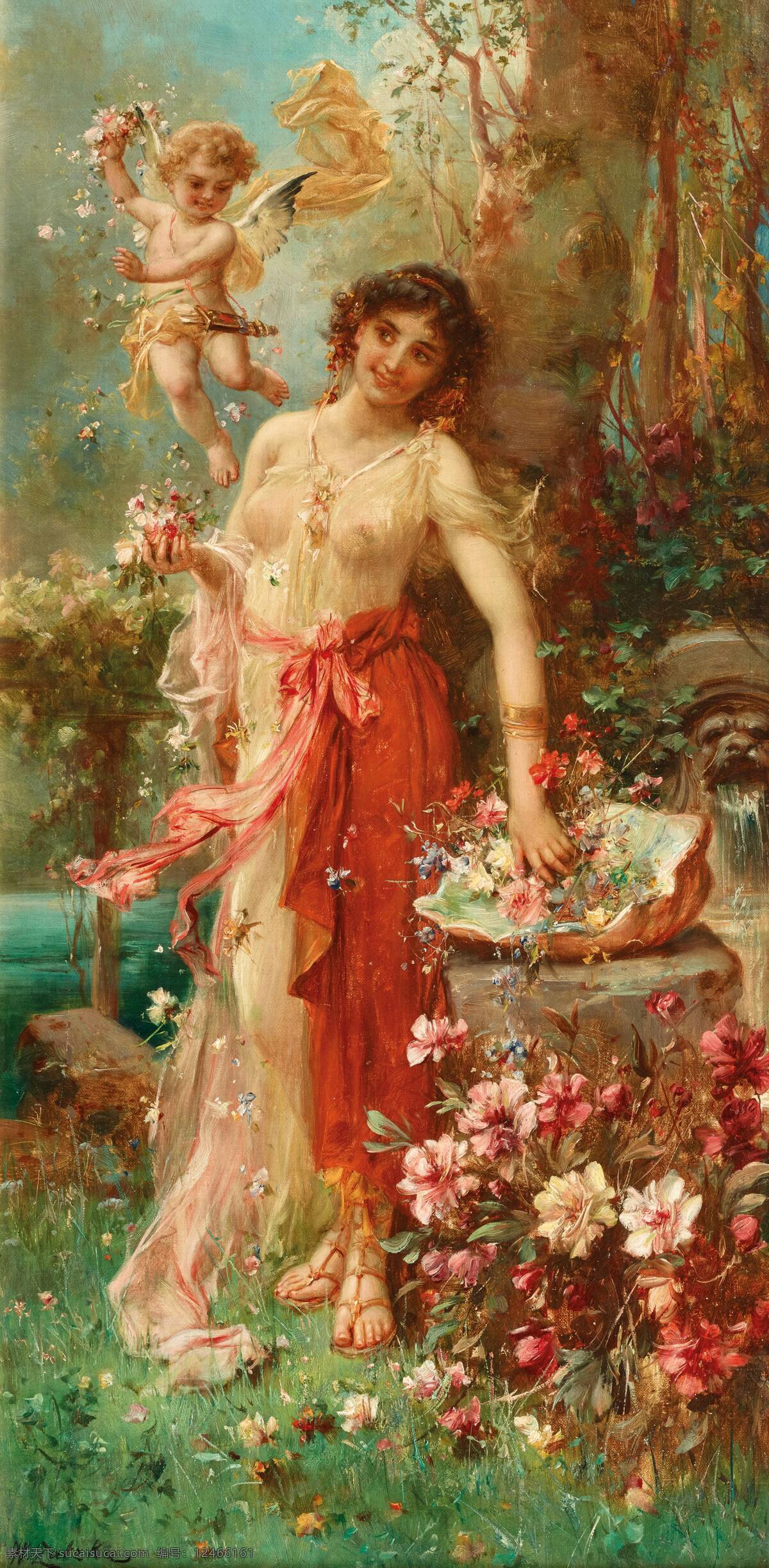 汉斯 查 兹 卡 作品 奥地利画家 花神弗洛拉 小天使 鲜花盛开 19世纪油画 油画 文化艺术 绘画书法