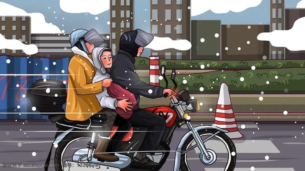2019 春 一家 三口 骑 摩托车 回家 过年 插画 一家三口 回家过年 城市 下雪 春运 铁骑大军 骑摩托车