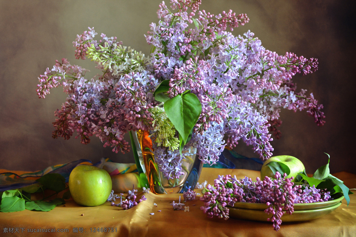 静物画 紫丁香 苹果 花瓣 花卉 新鲜花朵 花束 紫丁香花 鲜花 花草 花瓶里的花 生物世界