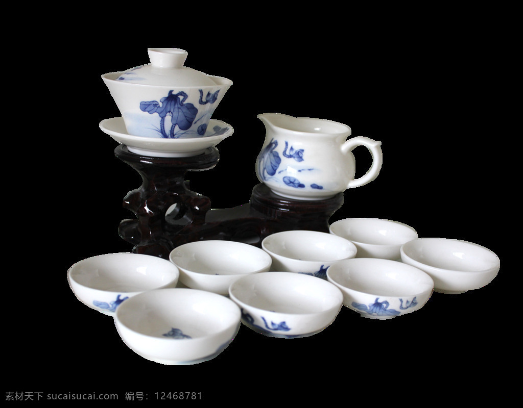 清新 雅致 蓝色 花纹 茶具 产品 实物 茶道 产品实物 深色茶壶 陶瓷茶杯 陶瓷茶壶