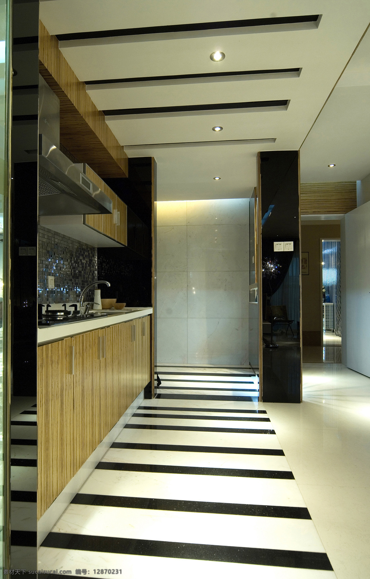 简约 风 室内设计 黑白 格 纹 地板 厨房 效果图 现代 料理台 抽油烟机 家装