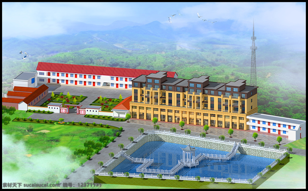 乡村鸟瞰图 新农村建设 村部 美丽乡村 新农村 徽式 社区 街道 白墙灰瓦 马头墙 江南建筑 园林建筑 江南民居 中式建筑 传统建筑 徽派建筑 青瓦白墙 蓝天白云 湖面 倒影 新农村效果图 环境设计 建筑设计