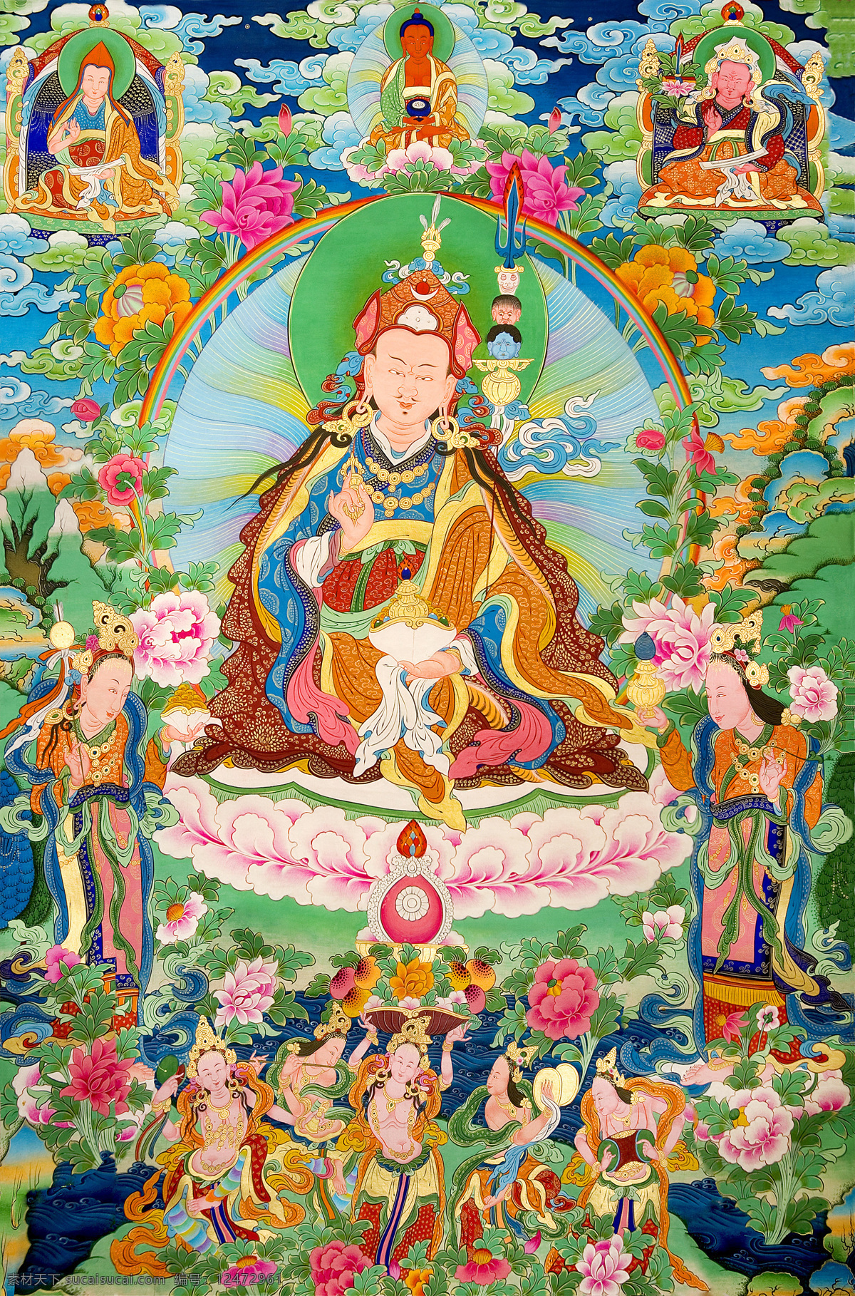 坐在 花台 上 神仙 唐卡 彩绘 佛教 卷轴画 宗教 书画文字 文化艺术