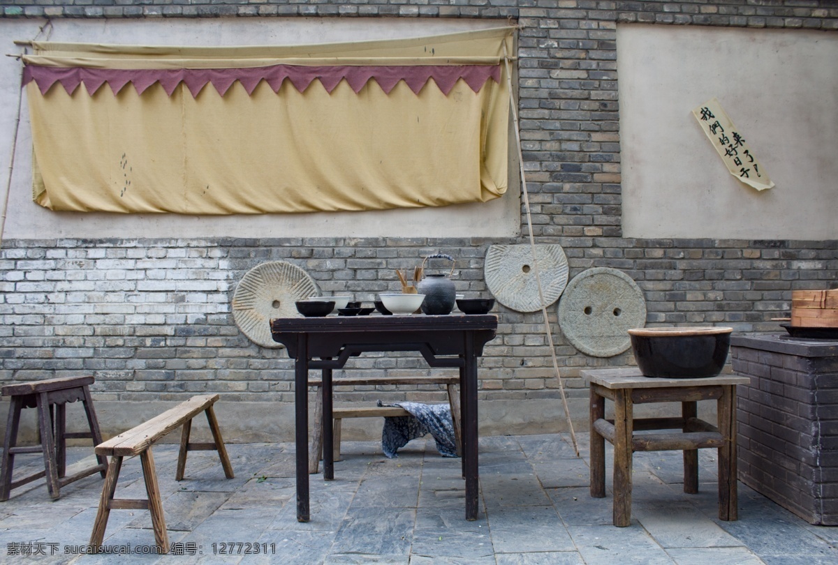 面馆 小吃 面盆 桌子 凳子 老物件 古典 传统 中华文化 砖墙 磨盘 灶台 笼屉 生活百科 生活素材