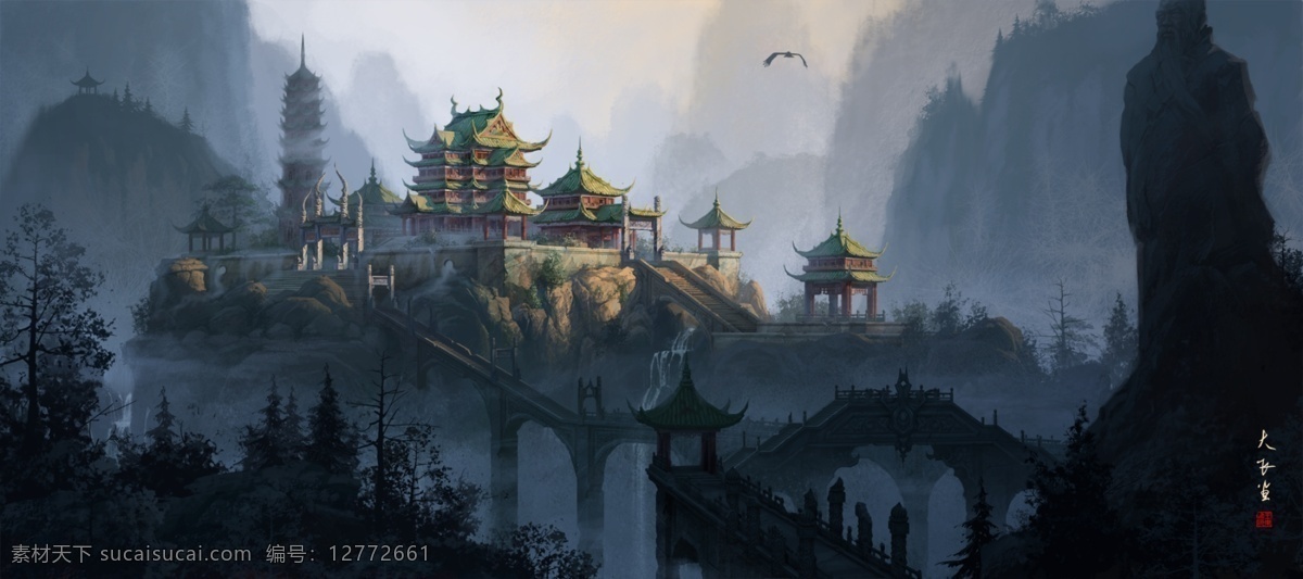 中国 古代 建筑群 cg 原画 游戏原画 壁纸 场景 分层 源文件
