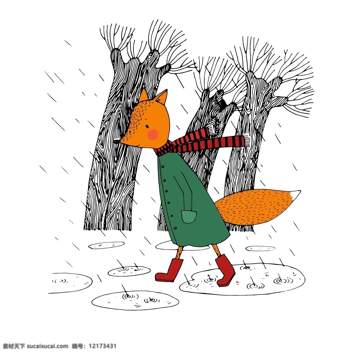 狐狸卡通矢量 下雨天 森林 围巾 狐狸 线描手绘 卡通动物 卡通形象 卡通插画 绘画艺术 插画 矢量素材 卡通绘画 卡通设计