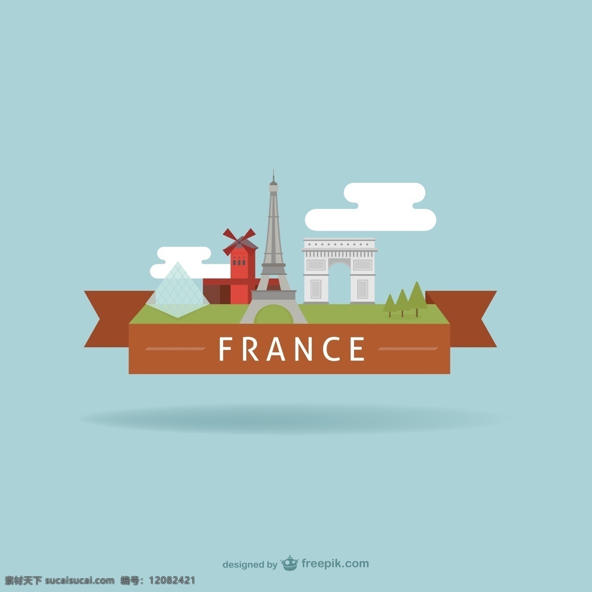 创意 法国 名胜 丝带 标签 埃菲尔铁塔 卢浮宫 旅行 云朵 红磨坊 矢量图 其他矢量图
