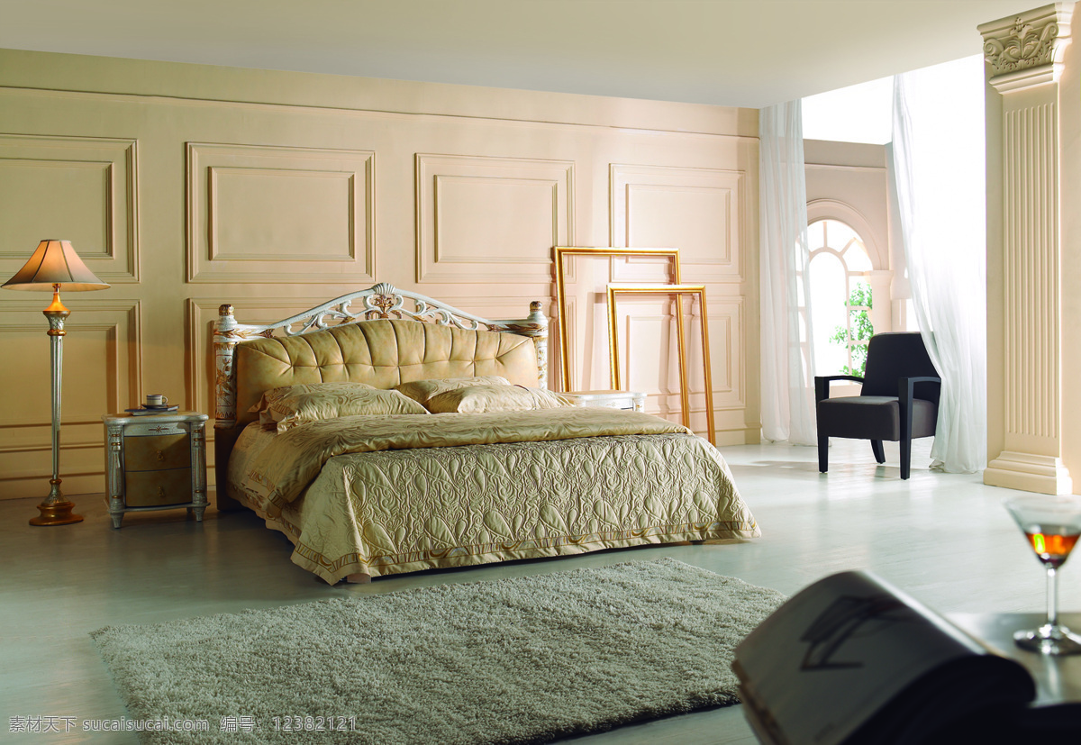 欧式 软床 床头柜 地毯 吊灯 落地灯 欧式软床 欧式软床背景 落地画 装饰素材 室内设计