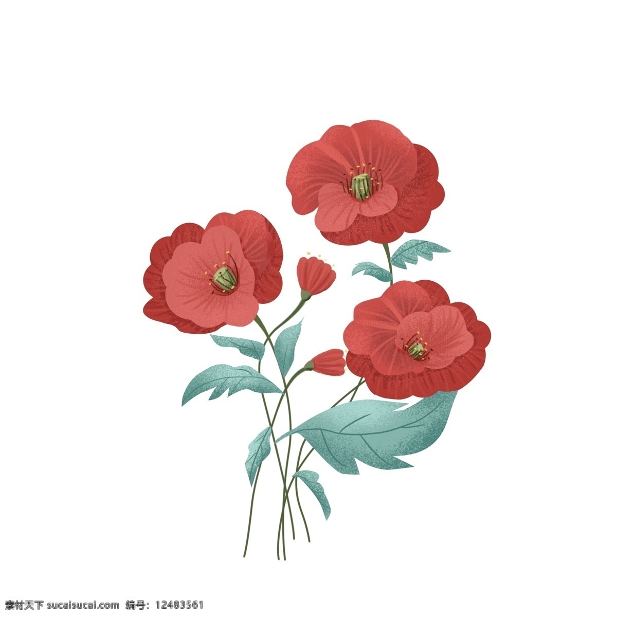 手绘 植物 花朵 叶子 红色 插 画风 元素 手绘植物 小清新 插画风