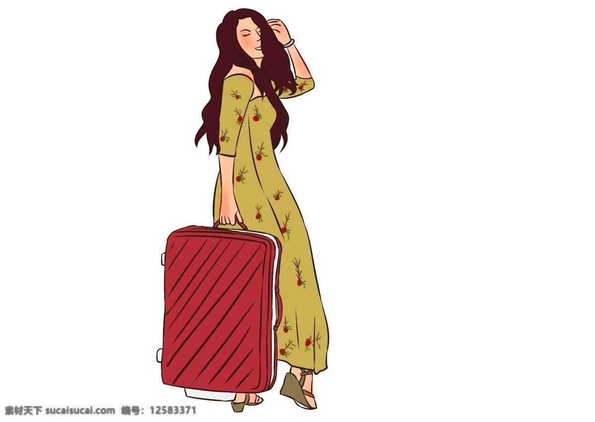 国庆节 出游 拎 行李 少女 红色 黄色 宣传册 展板 拎行李箱 裙子 海报 长头发 回头看