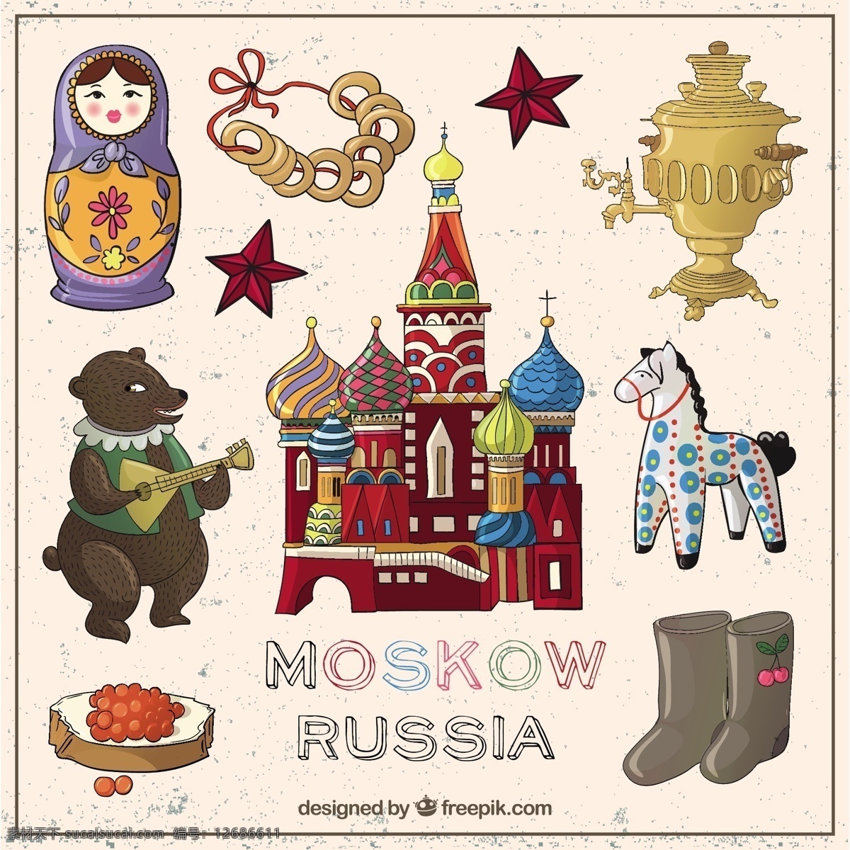 手绘 莫斯科 元素 旅游 城市 大厦 绘制 建筑 绘画 欧洲 文化 俄罗斯 传统 抽纱 粗略