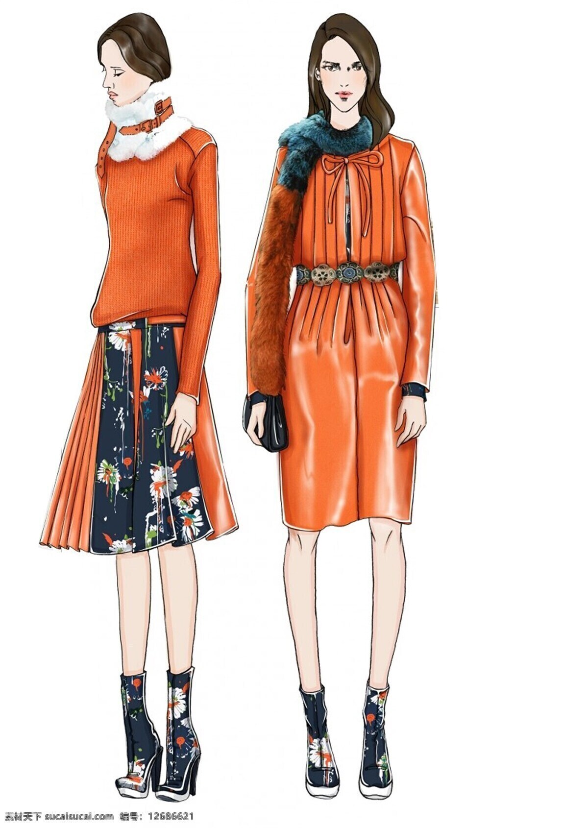 橙色裙子 服饰 服装设计 女装 深蓝色鞋子 端庄 橙色 连衣裙 效果图