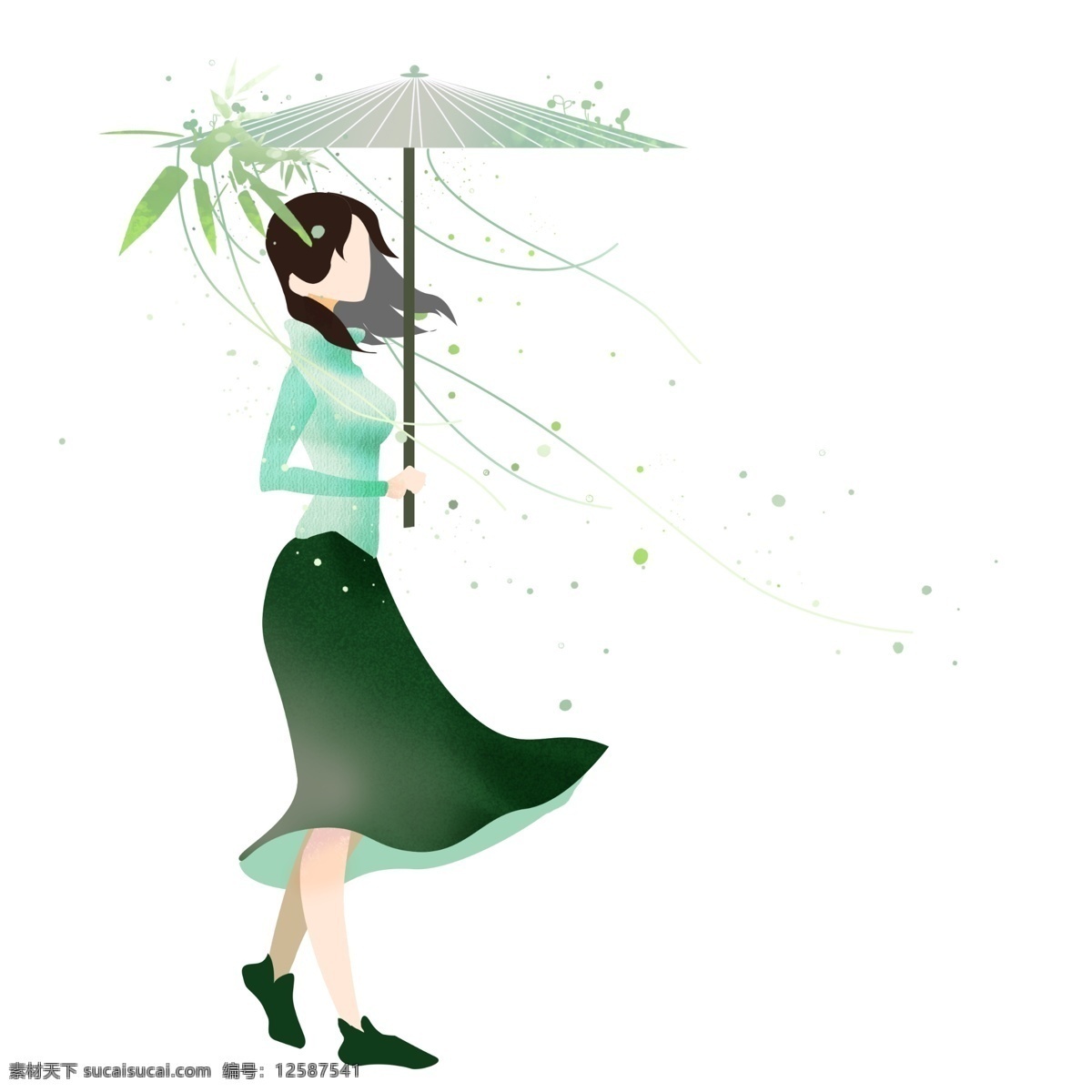 打伞 小女孩 插画 春季 发芽 人物 打伞的小女孩 绿色的雨伞 绿色的嫩芽 卡通人物 漂亮的小女孩