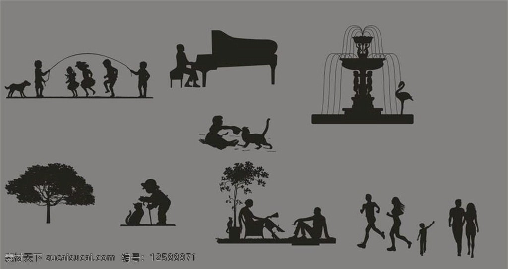 剪影图片 钢琴剪影 喷泉剪影 钢琴 喷泉 人物剪影 爱情剪影 剪影 树木