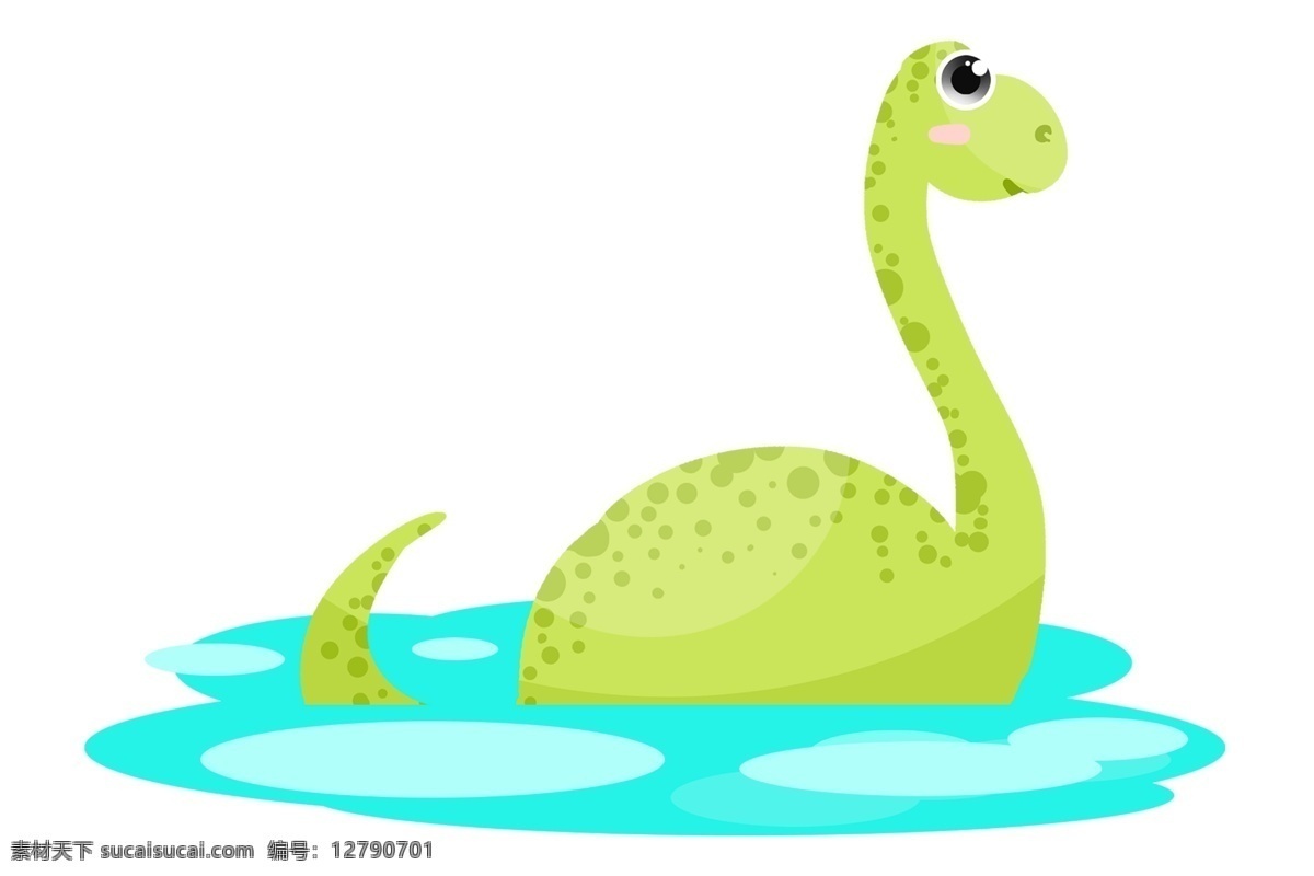 绿色 长 脖子 恐龙 插画 游水绿色恐龙 长脖子恐龙 可爱恐龙 绿色水插画 野生动物 恐龙插画 绿色龙