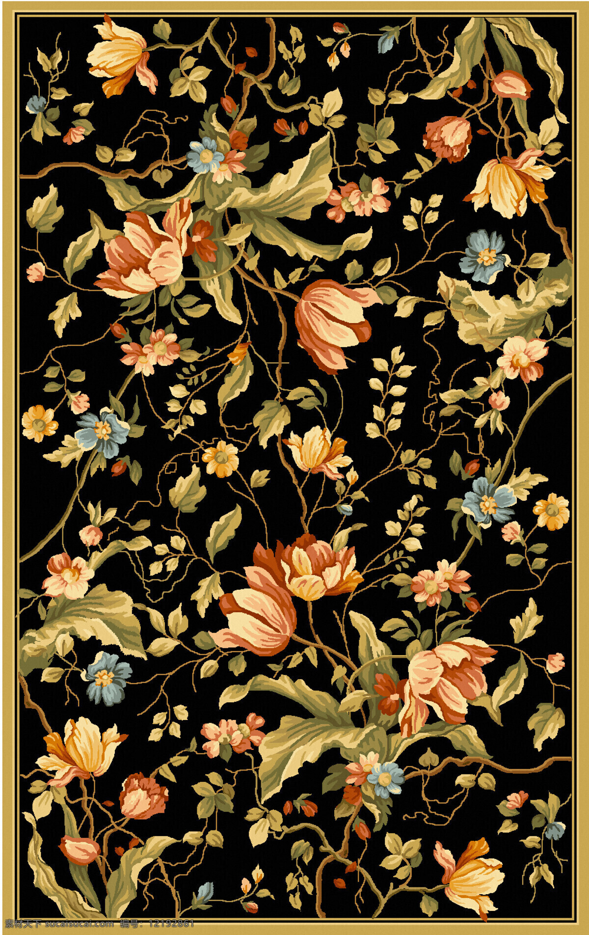 藤类花卉植物 纺织面料 沙发布艺 纹饰 纹样 地毯图案设计 花卉植物围边 满铺 底纹边框 背景底纹