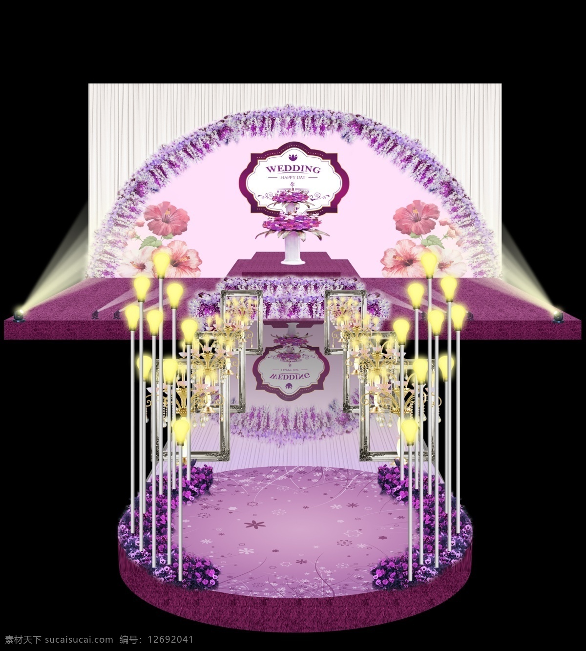 紫色花门婚礼 紫色 婚礼 花 花门 拱形 欧式相框 龙珠灯 圆舞台 花盆 logo 镜面 灯光