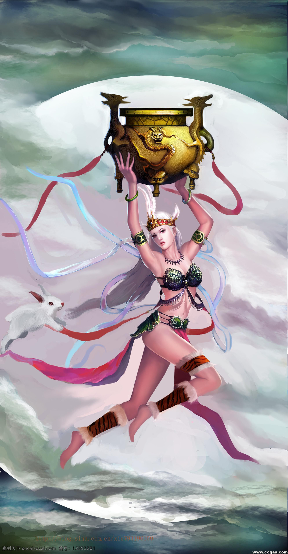 嫦娥 神仙 铜鼎 玉兔 月亮 神话 仙女 飞舞 天空 头饰 飘带 服饰 美术绘画 绘画书法 文化艺术