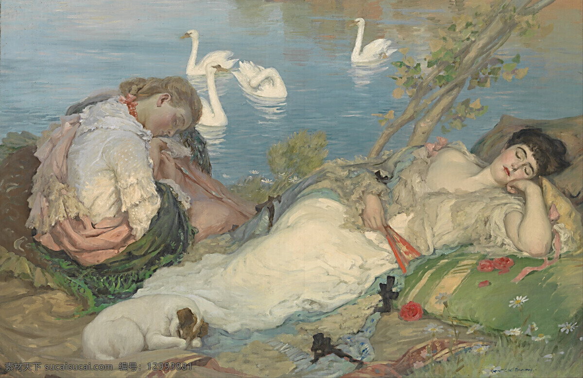 湖边 绘画书法 文化艺术 油画 天鹅湖畔 鲁 伯特 邦尼 作品 岸上 两个女人 正在睡觉 春夏交替时期 19世纪油画 家居装饰素材