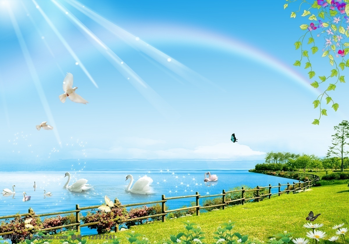 天鹅湖 畔 高清 风景 分层 模板 白天鹅 彩虹 草坪图片素材 光芒 光束 湖畔 围栏 阳光 免费 自然风景 家居装饰素材 山水风景画
