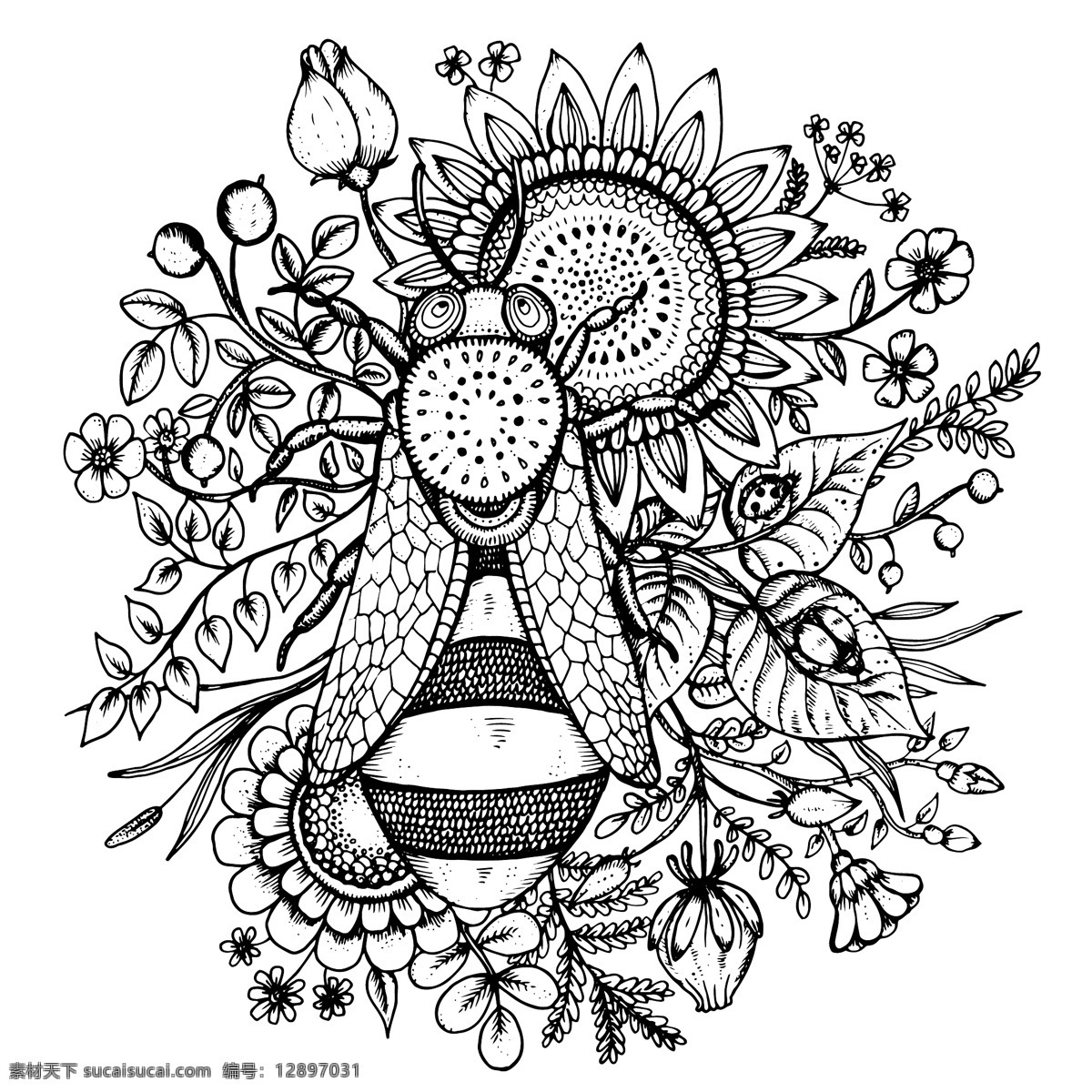 蜜蜂采蜜 手绘 蜜蜂 葵花 花卉 花朵 植物 花枝 叶子 瓢虫 装饰 卡片 插画 背景 海报 画册 矢量植物 生物世界 花草 平面素材