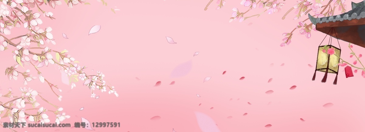 粉色 浪漫 花朵 banner 中国风 清新 花瓣 中式建筑