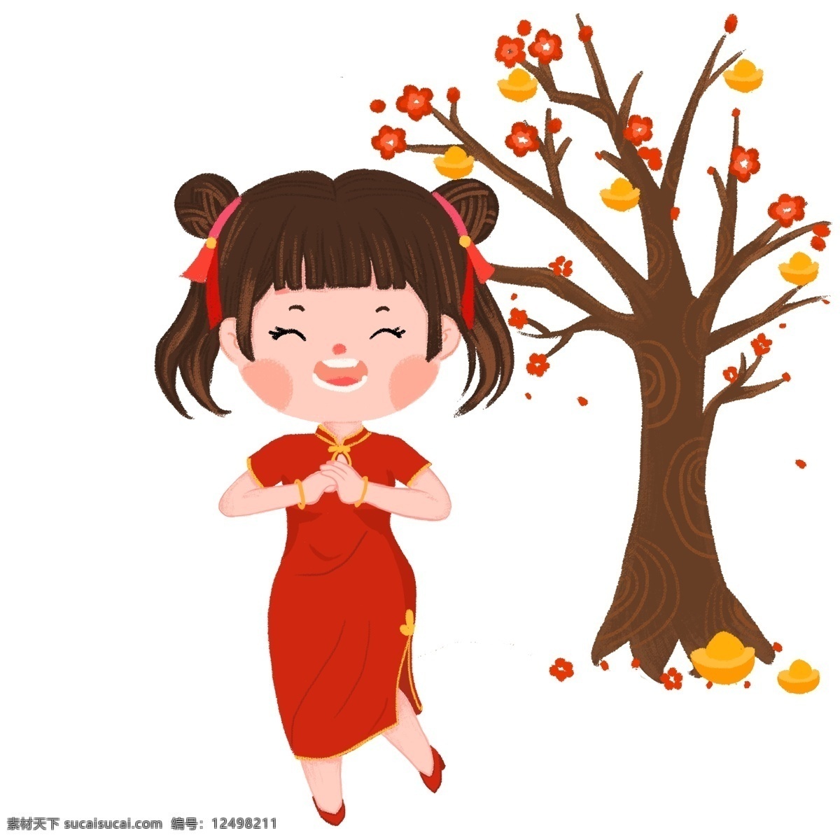 新年 拜年 手绘 插画 红色的小花 漂亮的小花 黄色的元宝 红色的衣服 春节 新年百年插画 红色的绳子