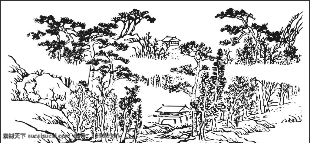 国画山水农居 传统 国画 水墨 松树 乡野 山水 田园风光 自然景观 矢量