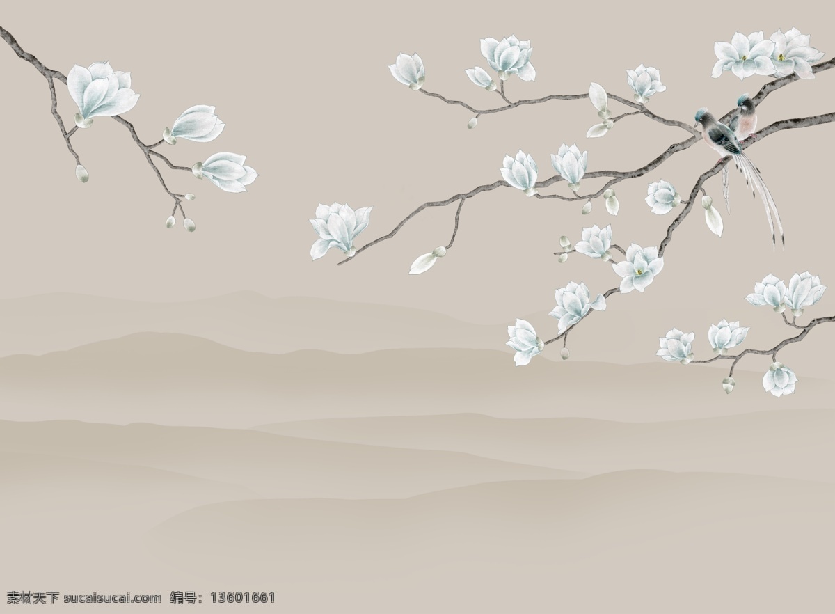 花鸟山水 墙纸 壁纸 明清古典 手工笔 怀旧 复古 新中式 山 树木 花鸟 麻雀 喜鹊 湖 石头 背景墙 电视背景墙 影视墙 床头背景墙 个性 素雅 木棉花 玉兰花 壁画 室内广告设计 分层