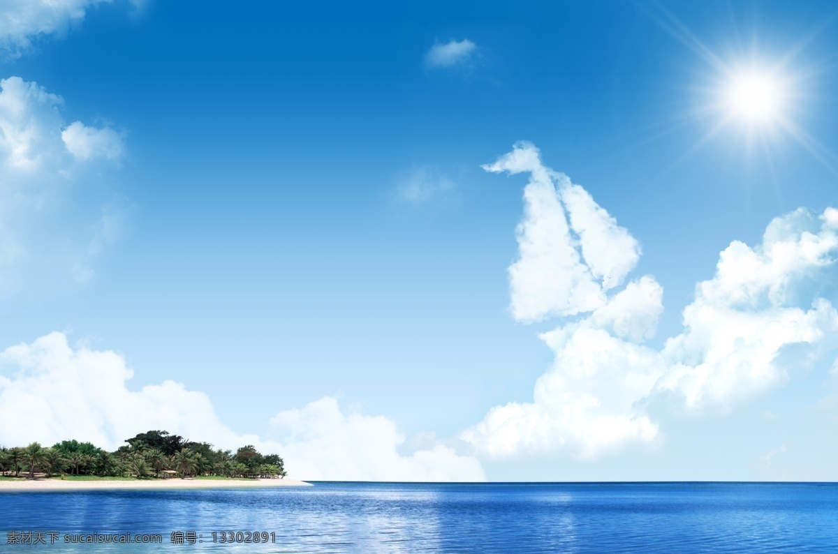 蓝天 白云 海边 背景 天空 一帆风顺 云彩 太阳光 沙滩 蓝色背景 背景素材 分层