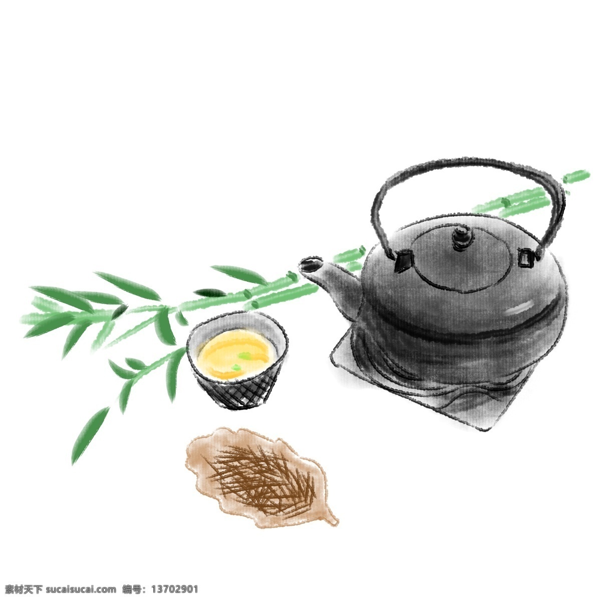 水墨 卡通 茶具 插画 绿色的枝叶 绿色的竹叶 黑色茶壶 喝茶 饮品 黑色格子茶盅 水墨茶具插画 棕色茶叶