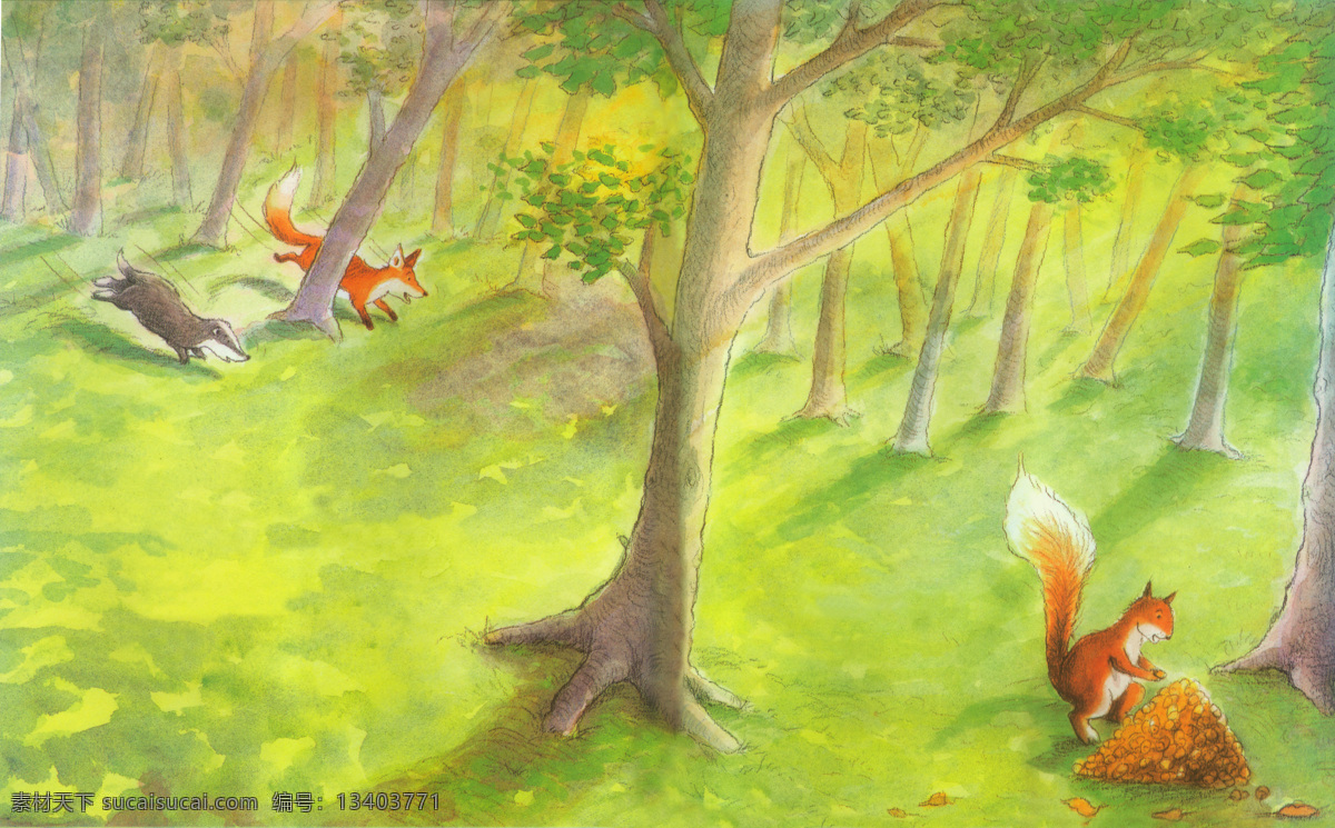 草地 插画 动物 儿童插画 狐狸 绘本 绘本插画 绘画书法 儿童 设计素材 模板下载 彩虹的尽头 树 獾 树林 漫画 可爱 松鼠 橡果 文化艺术 插画集
