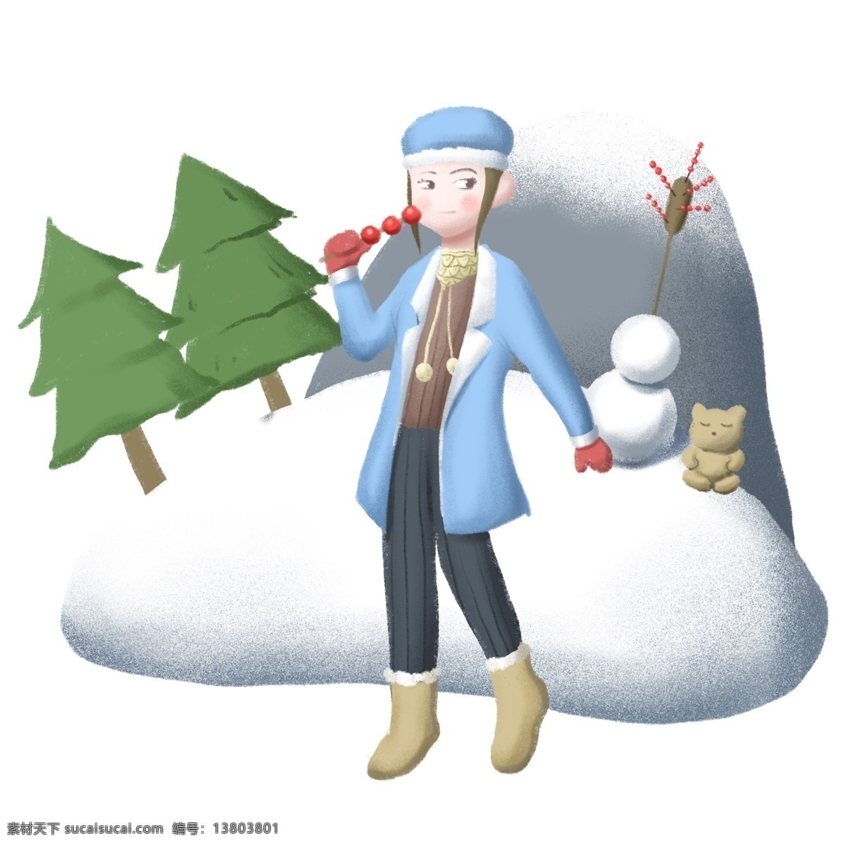 大寒 人物 冰糖葫芦 绿色的树木 白色的雪人 黄色的小熊 漂亮的小女孩 大寒人物插画 红色