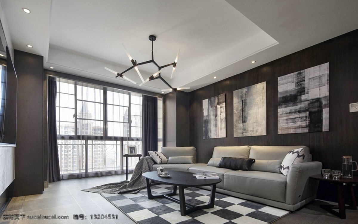 现代 成熟 客厅 黑白 格 地毯 室内装修 效果图 黑白格地毯 灰色沙发 客厅装修 木地板 圆形茶几