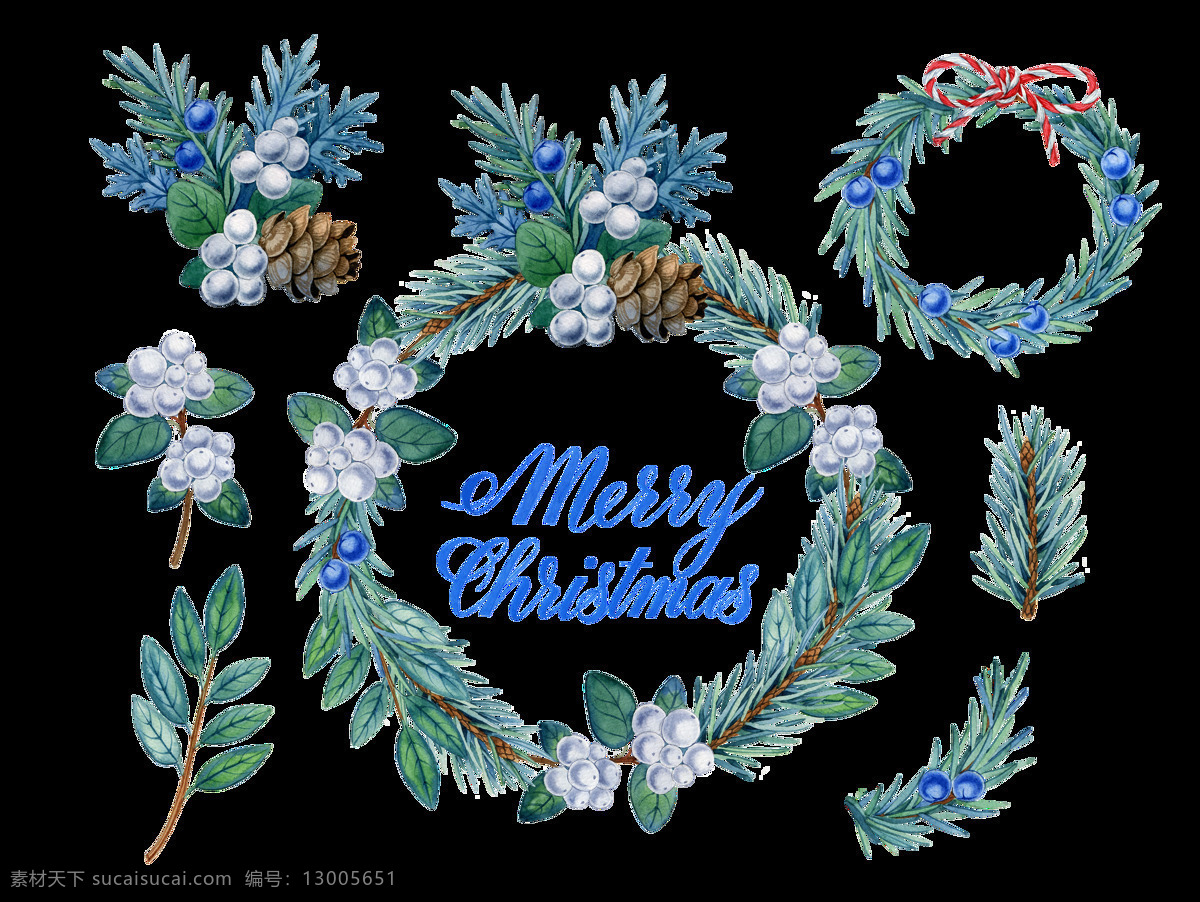 手绘 圣诞节 卡片 底纹 透明 白色 花圈 绿色 免扣素材 圣诞树 水彩 松子 透明素材 装饰图案