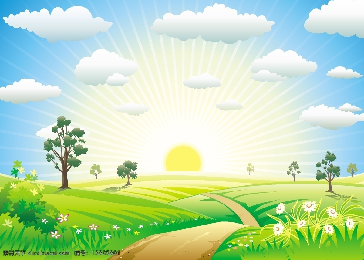 手绘风景 矢量风景 风景插画 矢量风景背景 卡通风景背景 太阳放射线 草地 草原 小路 乡间小路 树木 矢量树木 手绘树木 卡通树木 树木插画 花草 矢量花草 卡通花草 花草插画 手绘花草 蓝天白云插画 自然景观 自然风光
