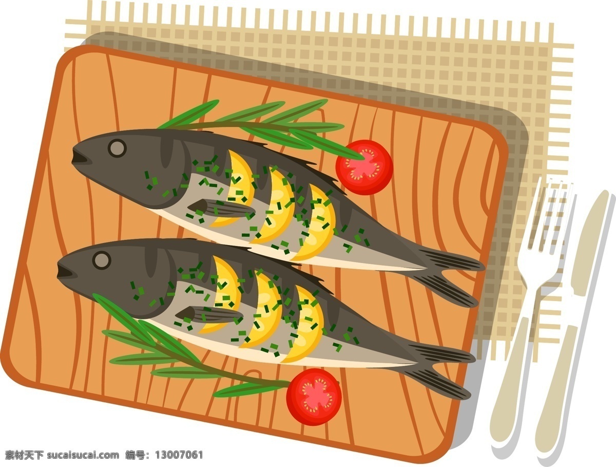三文鱼 料理 原创 元素 美食 刀叉 餐具 营养 烤鱼 鱼类