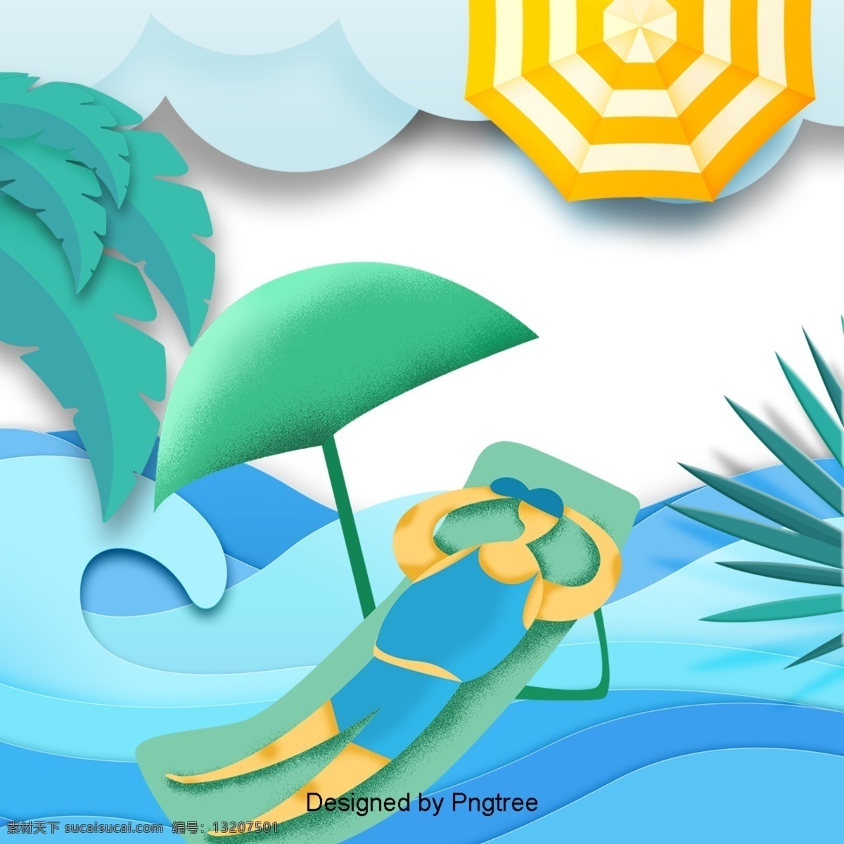 美丽 的卡 通 可爱 手绘 夏季 海滨 度假 卡通 海洋 树叶 伞 白云 加利福尼亚州