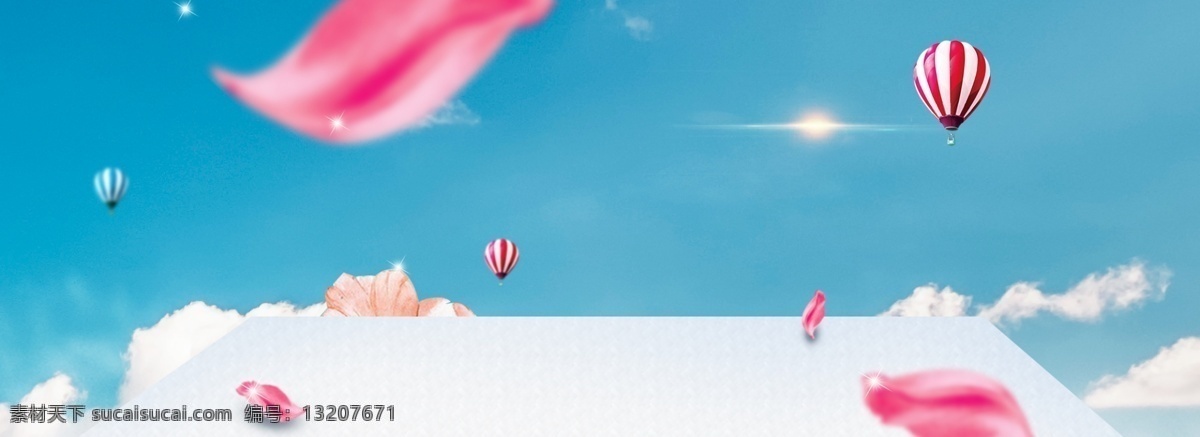 清新 风格 旅游 海报 大图 天空 空间感 方框 花瓣 banner 蓝色 热气球 唯美 开心