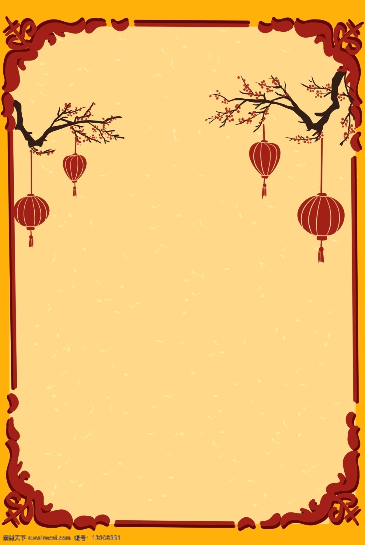 简约 传统 中国 风 边框 底纹 背景 海报 黄色 灯笼 梅花 中式 中国风 红色 喜庆