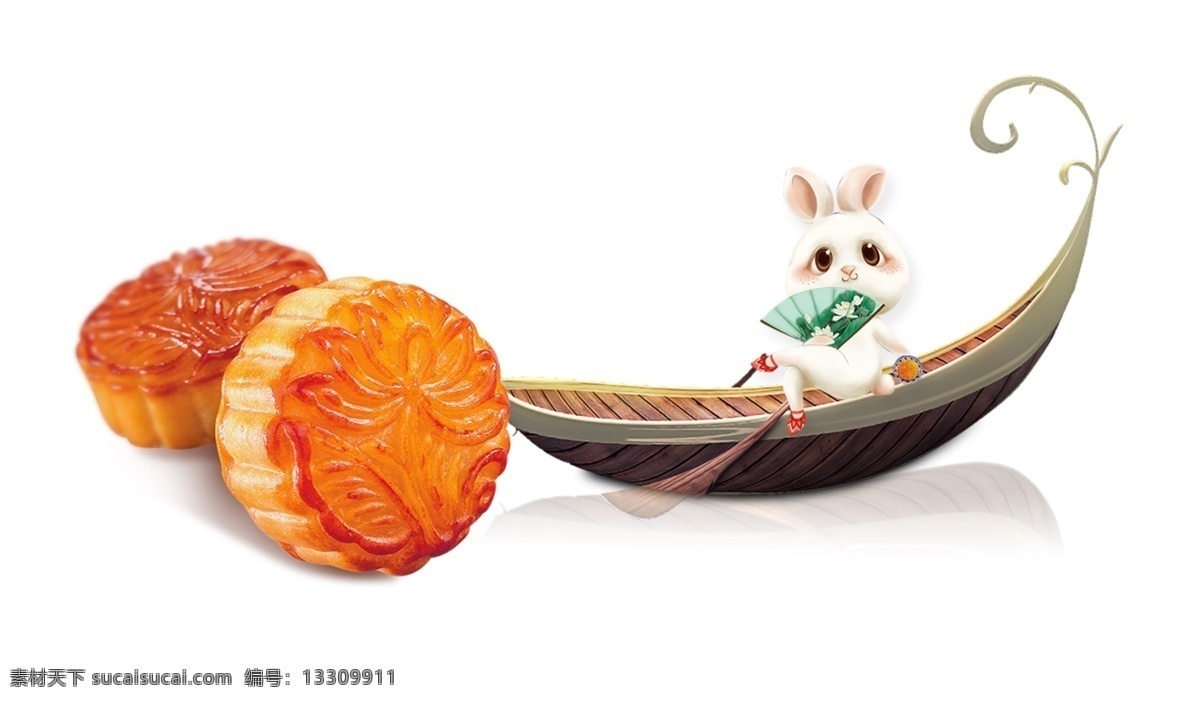 手绘 卡通 中秋 装饰 月饼 中秋节 兔子 小船