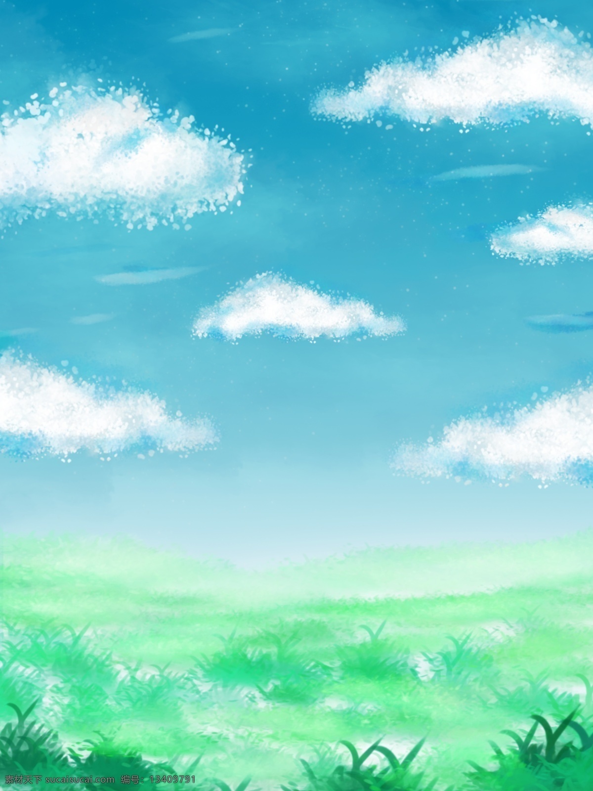 全 原创 小 清新 蓝天 白玉 草地 手绘 云朵 梦幻 场景 背景 白云 插画 小草 卡通 h5 广告背景