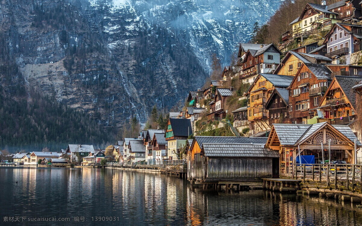 欧洲 美洲 湖边的村庄 雪山 房子 倒影 美丽 自然景观 山水风景