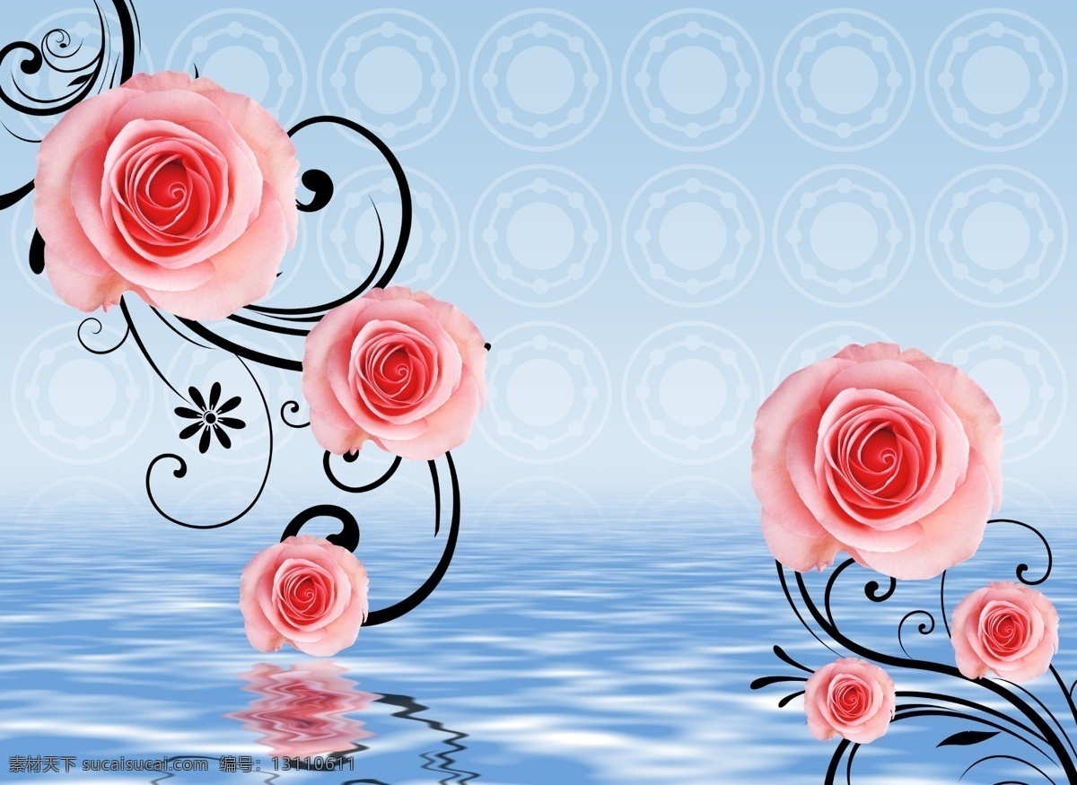 水中玫瑰 模版下载 玫瑰 玫瑰花 倒影玫瑰 水面 红玫瑰 线条 花卉 背景墙 底纹边框 背景底纹