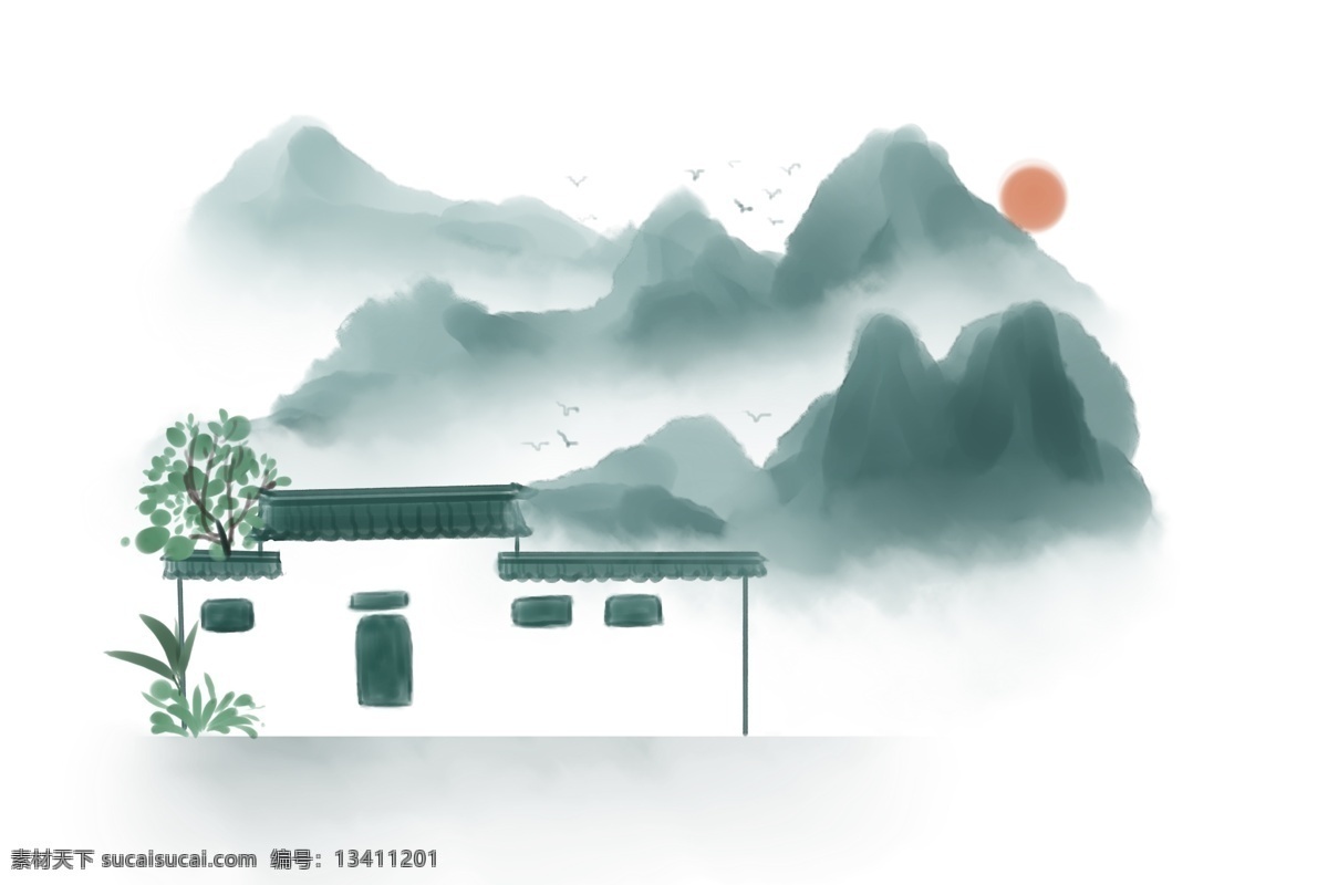 绿色 水墨 江南 插画 古镇 墨迹 江南水乡 鸟 植物 水墨画插画 江南风光 绿色水墨江南 绿色的树枝