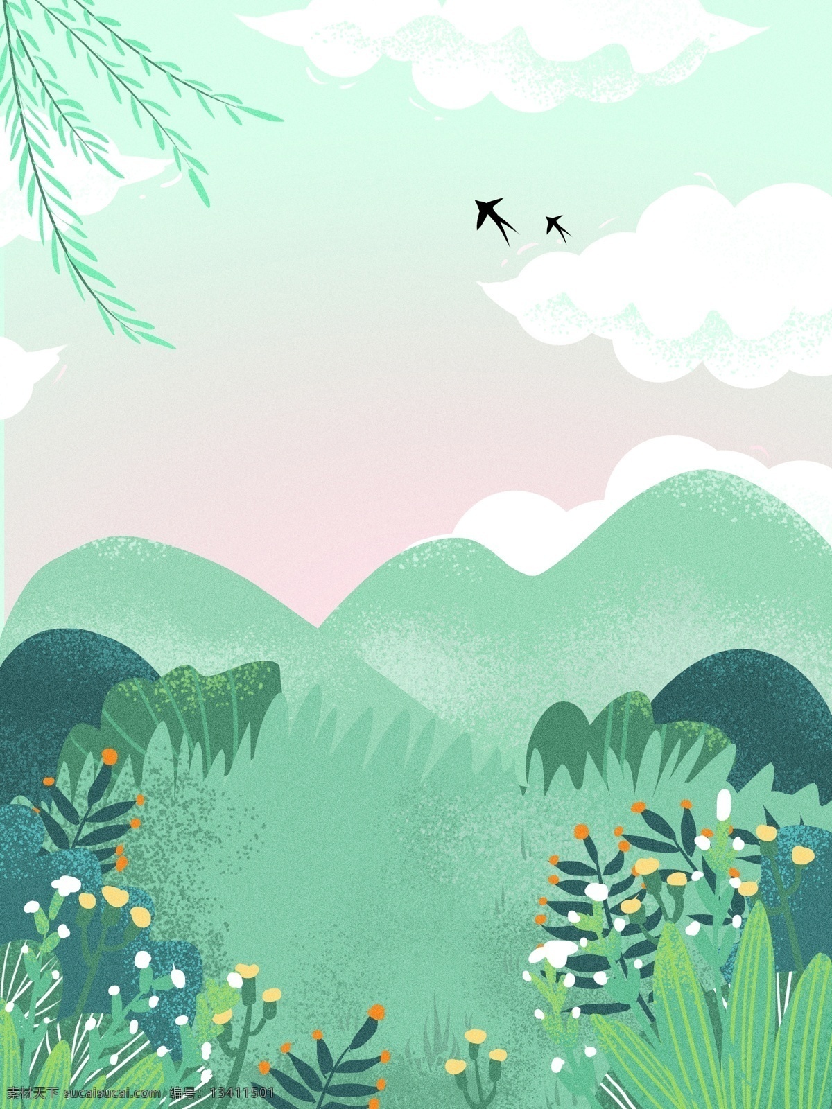 清新 立春 节气 背景 春天 草地 手绘背景 背景图 创意 柳条 燕子 春季 花丛 广告背景 通用背景 背景展板 促销背景 背景展板图