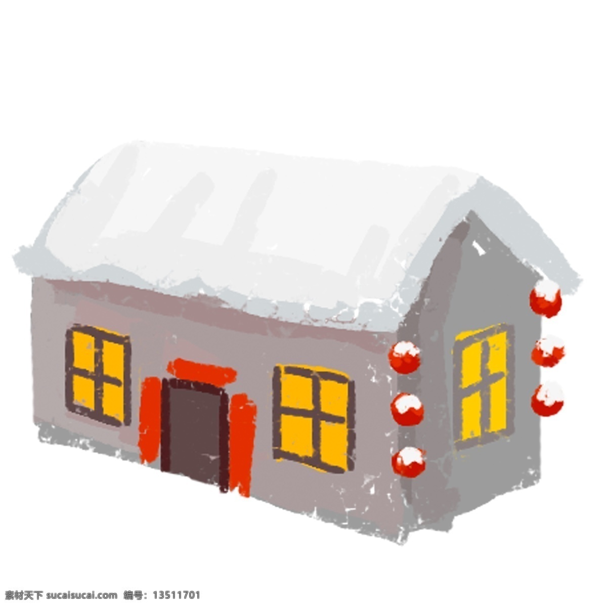 春节 手绘 卡通 盖 雪 屋子 冬天 下雪的房屋 灰棕色雪屋 贴着 对联 房屋