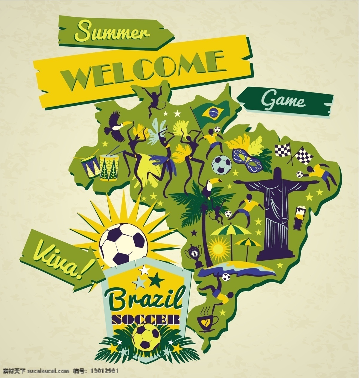 巴西 地图 标志 背景 模板下载 足球 椰子树 遮阳伞 耶稣 海报 世界杯 体育运动 生活百科 矢量素材 黄色