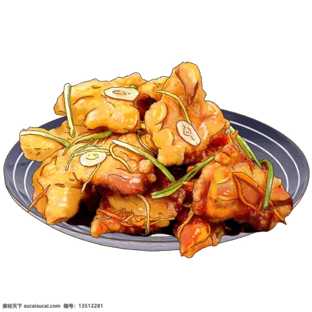 手绘 卡通 美食 新年 餐饮 东北菜 锅 包 肉 精致 画 东北 特色 小吃 零食 主食 美味 佳肴 家乡 盘子 大餐 吃货 锅包肉 里脊 金 黄